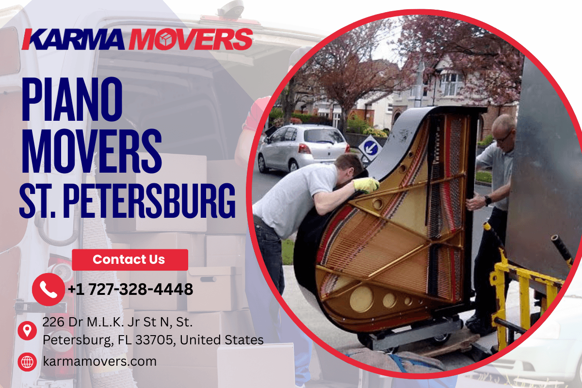 Karma Movers piano specialists carefully moving a grand piano in St. Petersburg FL