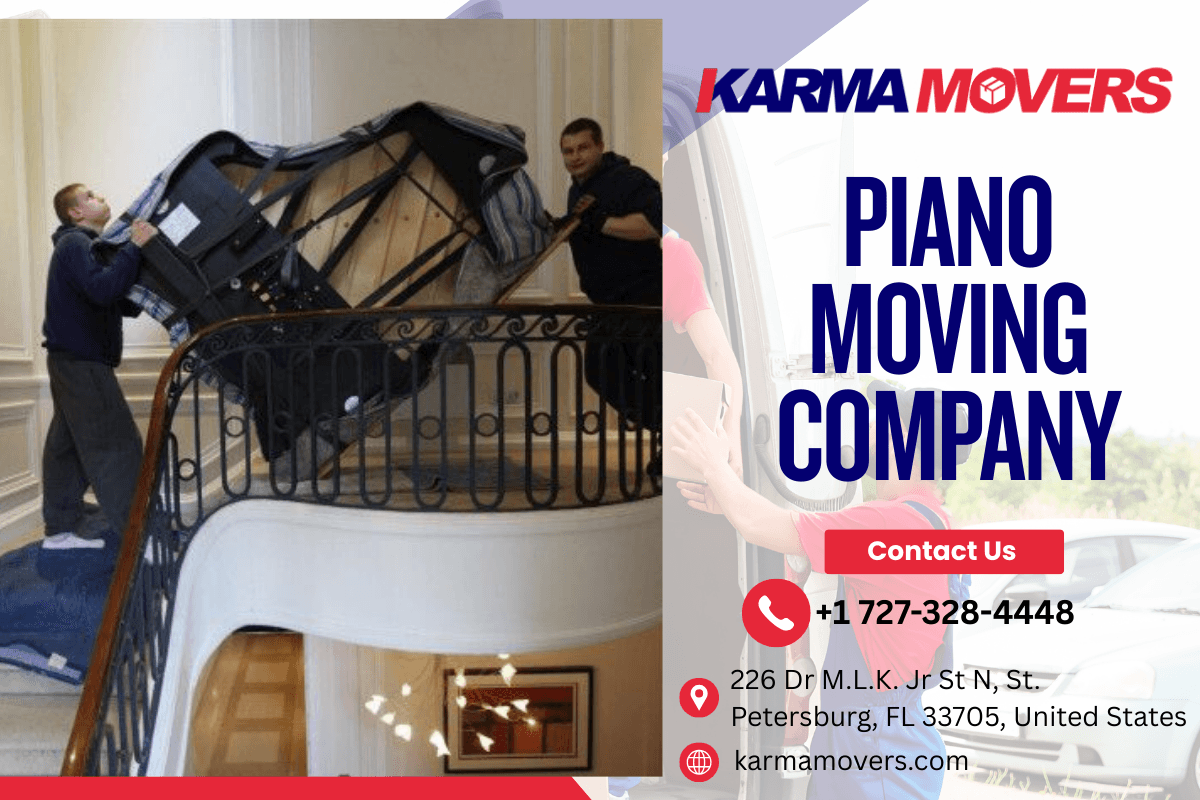 Piano protection steps showing dolly, skid board, and truck anchors used by Karma Movers in St. Petersburg FL